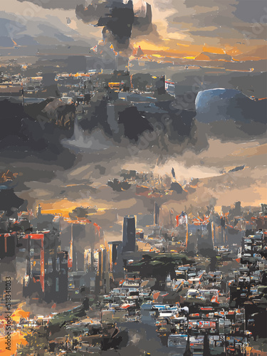 Panorama of a burning big city