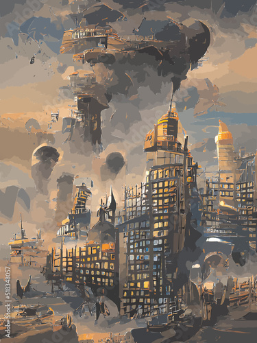 Panorama of a burning big city
