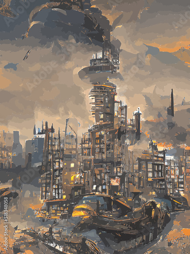 Panorama of a burning big city