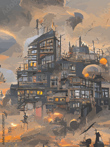 Panorama of a burning big city