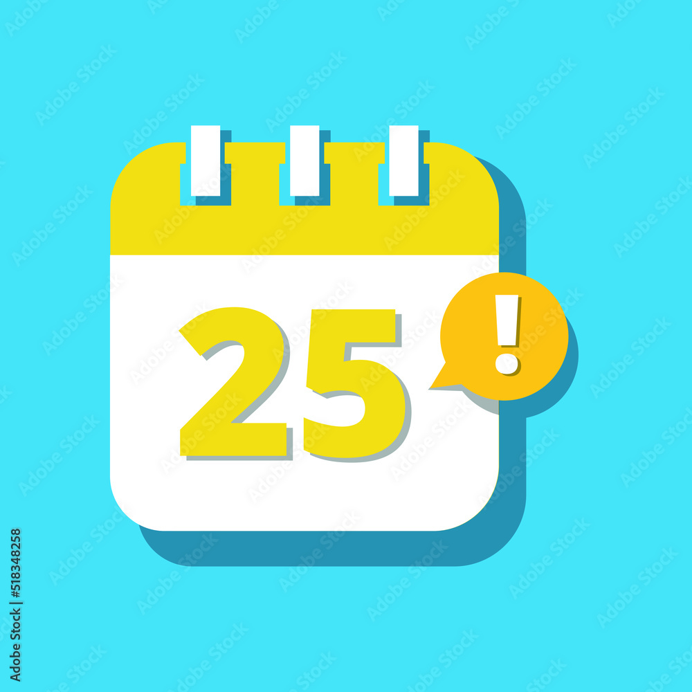 Yellow Calendar icon isolated on blue background. 3D perspective. Vector illustration, Day 25 agenda icon. Yellow Calendar icon isolated on blue background. 3D perspective. Vector illustration, Day 25 agenda icon.