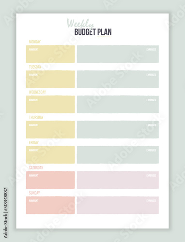 Weekly budget planner. Cute finance planner template with abstract details. Vector illustration