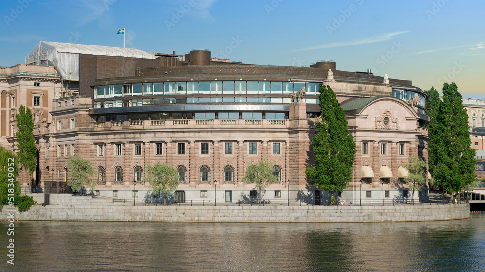 Riksdagshuset, the Swedish Parliament House, located on the island of Helgeandsholmen, Old town, or Gamla Stan, Stockholm, Sweden, in a summer day