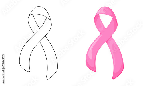 Pink Ribbon vector illustration set isolated on white background in line art flat color cartoon style.