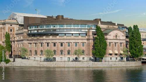 Riksdagshuset, the Swedish Parliament House, located on the island of Helgeandsholmen, Old town, or Gamla Stan, Stockholm, Sweden, in a summer day