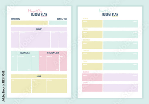 Monthly and weekly budget planner. Cute finance planner template with abstract details. Color illustration