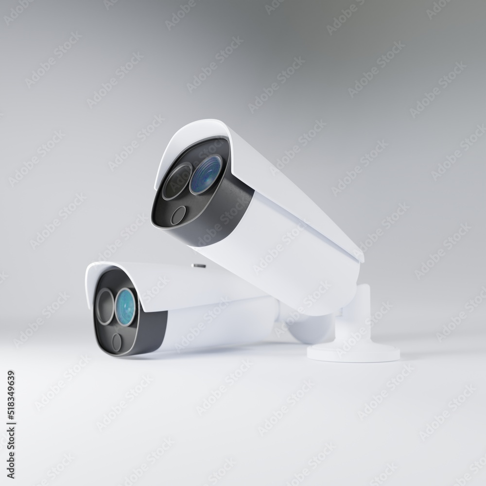 Two models of CCTV cameras demonstrate the operation of the bracket. Cameras with motion sensors and a thermal imager. CCTV. 3d rendering. Two models of CCTV cameras demonstrate the operation of the bracket. Cameras with motion sensors and a thermal imager. CCTV. 3d rendering.