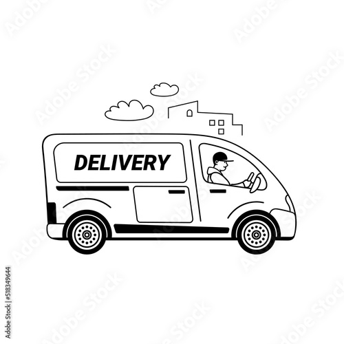 Courier driving delivery truck on background of urban landscape. Hand drawn vector illustration.