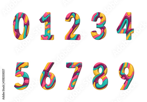 3D numbers. Blue pink yellow 3D print plastic multi layer isolated figures of alphabet font. 0 1 2 3 4 5 6 7 8 9 numbers for birthday or wedding anniversary. 