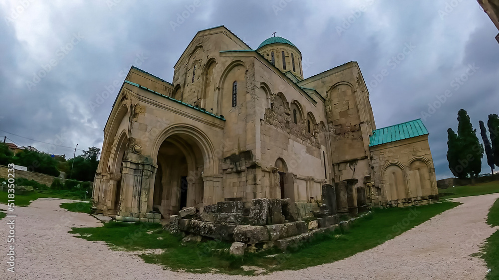 Fototapeta premium Panoramic view of Bagrati Cathedral in Kutaisi, Imereti, Georgia (Sakartvelo),Central Asia, Europe.Historical architecture of Kutaisi cathedral built in the 17th century.The Cathedral of the Dormition