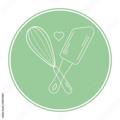 baking with wire whisk logo on white background isolated. Hand drawn isolated metal whisk. Kitchen tools. Vector engraved icon. For restaurant and cafe menu, baker shop, bread, pasty, sweets.