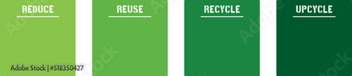 Reduce Reuse Recycle Upcycle infographic or planner template for organizing goals and making to-do lists. 4 shades of green. Stencil font used for headers.