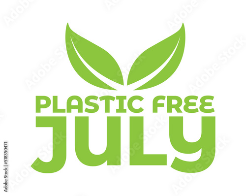 Plastic Free July design, green text and leaves.