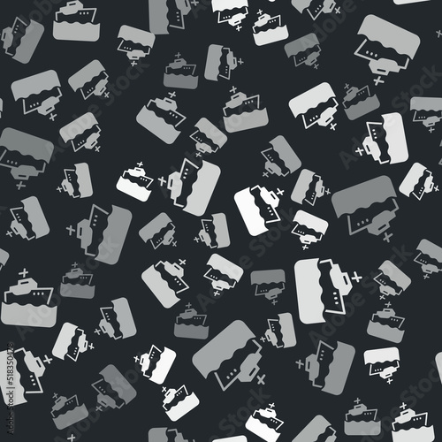 Grey Cruise ship icon isolated seamless pattern on black background. Travel tourism nautical transport. Voyage passenger ship, cruise liner. Worldwide cruise. Vector
