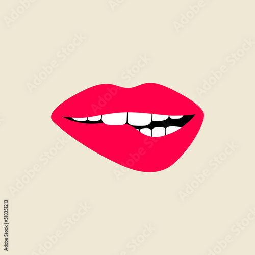 Open female human mouth lip biting with teeth in modern flat, line style, pop art. Hand drawn vector illustration of sexy lips, passion, interesting, open mouth. Fashion patch, badge, emblem.