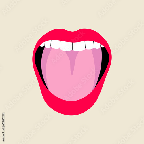 Open female human mouth with tongue in modern flat, line style. Hand drawn vector illustration of lips, open mouth, whispering, screaming, singing, talking, podcast. Fashion patch, badge, emblem.