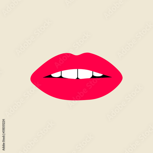 Open female human mouth with teeth in modern flat, line style. Hand drawn vector illustration of lips, open mouth, whispering, sexy, passion, beautiful, make up. Fashion patch, badge, emblem.
