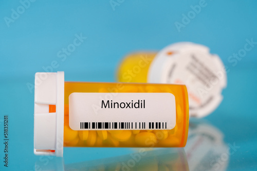 Minoxidil. Minoxidil pills in RX prescription drug bottle