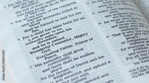 Fotografie Open Holy Bible Book Isaiah 9:6 prophecy for God Jesus Christ government, peace, and salvation
