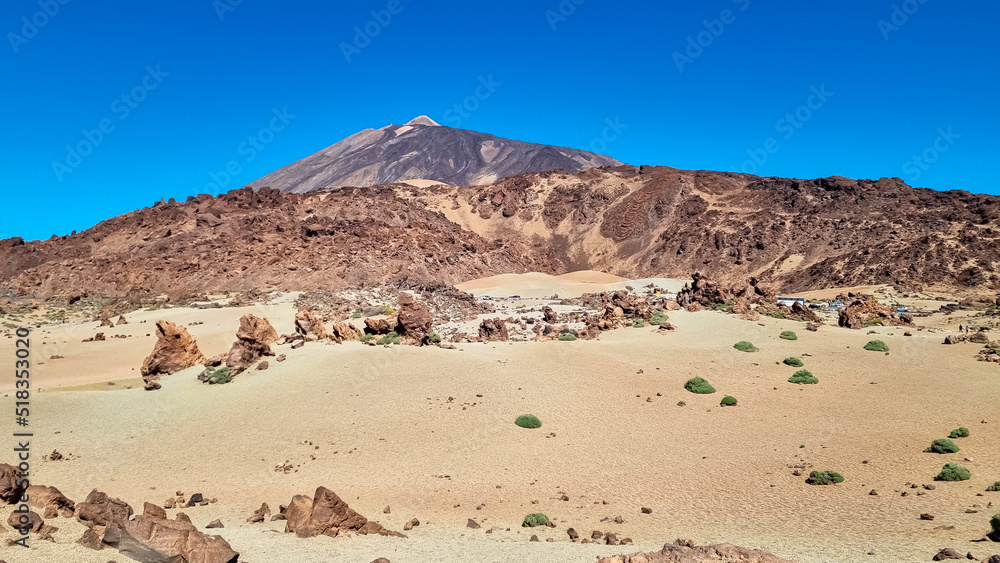 Scenic view on moon landscape of Minas de San Jose Sur near volcano Pico del Teide, Mount El Teide National Park, Tenerife, Canary Islands, Spain, Europe. Lava rocks and pumice field on desert terrain Scenic view on moon landscape of Minas de San Jose Sur near volcano Pico del Teide, Mount El Teide National Park, Tenerife, Canary Islands, Spain, Europe. Lava rocks and pumice field on desert terrain