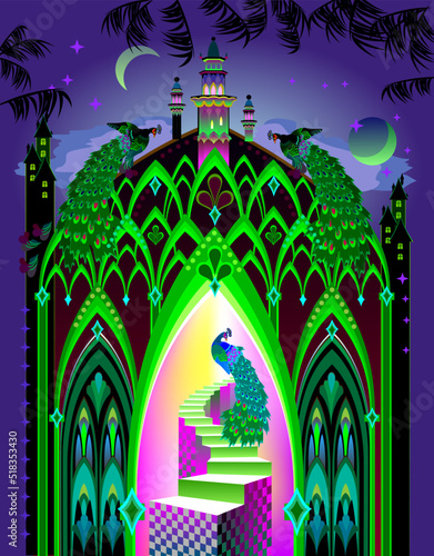 Illustration of fantastic oriental medieval castle at night time. Cover for kids fairy tale book. Imaginary fairyland eastern kingdom. Poster for travel company. Modern print. Vector cartoon image.