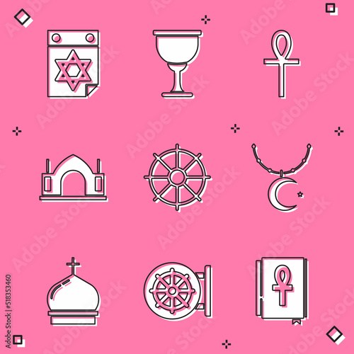 Set Jewish calendar, Holy grail or chalice, Cross ankh, Hindu spiritual temple, Dharma wheel, Star and crescent on chain, Church tower and icon. Vector