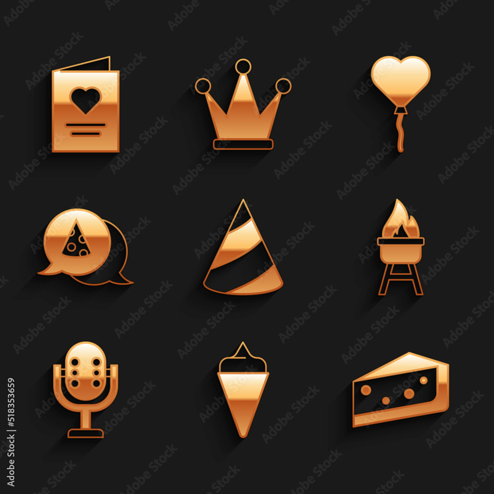 Set Party hat, Ice cream in waffle cone, Piece of cake, Barbecue grill, Microphone, Slice pizza, Balloons form heart and Postcard with icon. Vector Set Party hat, Ice cream in waffle cone, Piece of cake, Barbecue grill, Microphone, Slice pizza, Balloons form heart and Postcard with icon. Vector