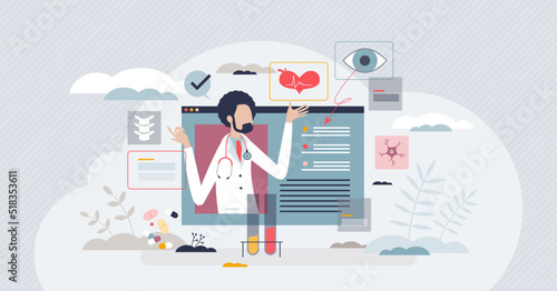 Health tech and medical care using modern technology tiny person concept. Diagnosis and checkup application or online service for disease treatment and specialist or doctor help vector illustration.