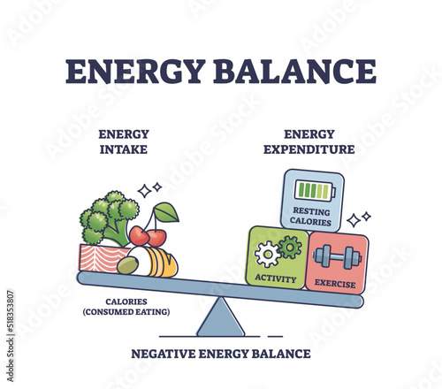 Energy balance with calories intake or daily expenditure outline diagram. Labeled educational scheme with food consumption and activities, fitness or exercise weights for body mass vector illustration