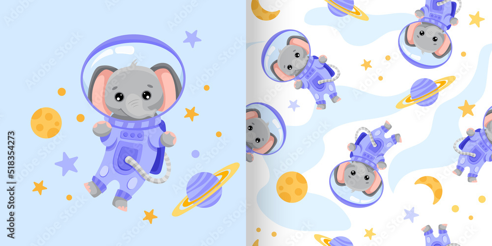 Cute seamless pattern with Elephant Astronaut, stars, moon and planets. Animal repeated vector illustration for nursery, poster, birthday greeting cards, baby shower or textile fabric Cute seamless pattern with Elephant Astronaut, stars, moon and planets. Animal repeated vector illustration for nursery, poster, birthday greeting cards, baby shower or textile fabric
