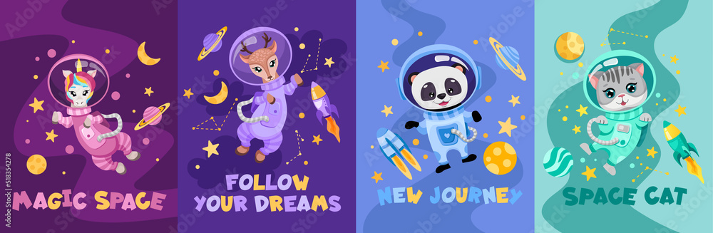 Posters set with different sign slogans and cute animals astronauts in space suits. Hand drawn vector illustration for children print design, nursery invitation, notebook cover or greeting cards.