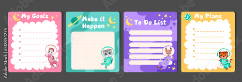 Kids stationery set with memo planners, to-do lists with cute astronaut animals in space suits, template for planning, day agenda, checklists. Vector flat illustration with colorful design