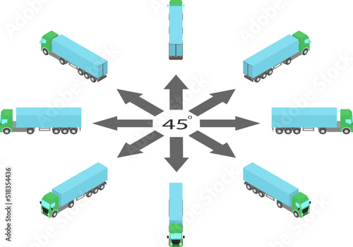 Rotation of semi-trailer truck by 45 degrees. Truck in different angles in isometric view.