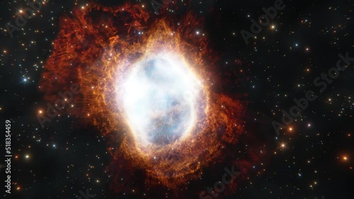 Flying through the star fields in deep space towards a massive nebula. Southern Ring Nebula photographed by a James Webb Telescope in outer space provided by NASA.