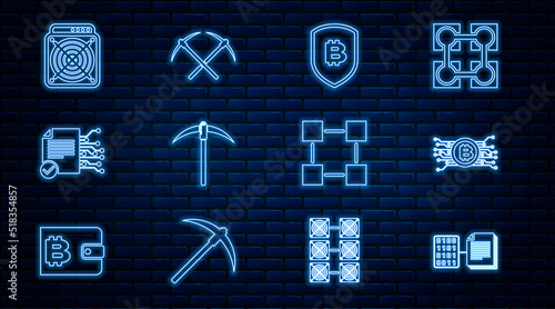 Set line Smart contract, Cryptocurrency bitcoin in circuit, Shield with, Pickaxe, ASIC Miner, Blockchain technology and Crossed pickaxe icon. Vector