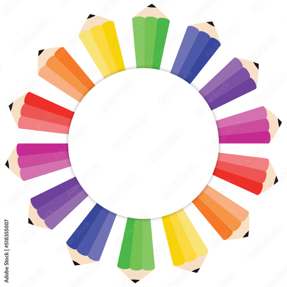 Pencil rainbow pattern. Round frame with colored pencils. Colorful school background. Template border vector. Pencil rainbow pattern. Round frame with colored pencils. Colorful school background. Template border vector.