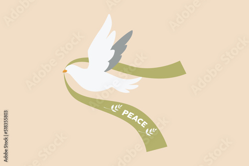 White Dove holding peace ribbon. Peace day concept. Colored flat graphic vector illustration.