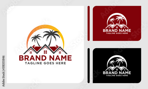 coastal house real estate vector logo template image. home apartment with palm tree and curved sun light