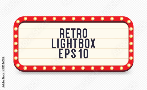 Retro lightbox template with lightbulb realistic style isolated on transparent background for party poster, banner advertising, promotion and sale billboard, cinema, bar show or restaurant. Vector 10