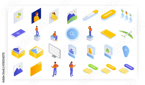 Fast image search. Online image gallery or smart photo album, vector isometric icon set.