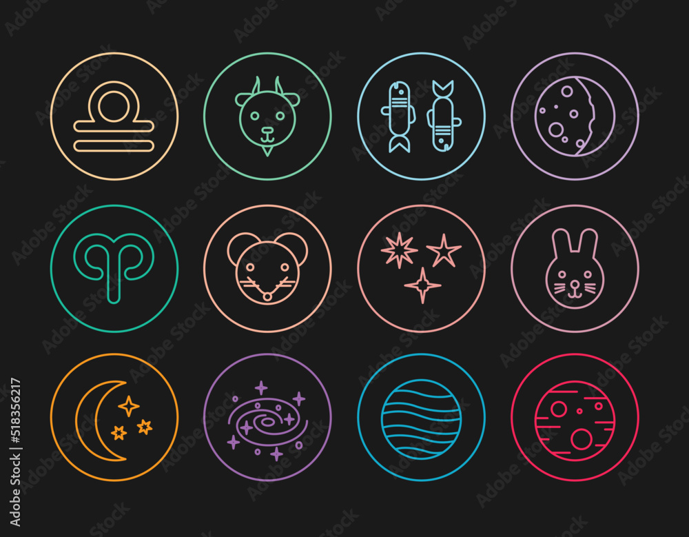 Set line Planet Mars, Rabbit zodiac, Pisces, Rat, Aries, Libra, Falling star and icon. Vector Set line Planet Mars, Rabbit zodiac, Pisces, Rat, Aries, Libra, Falling star and icon. Vector
