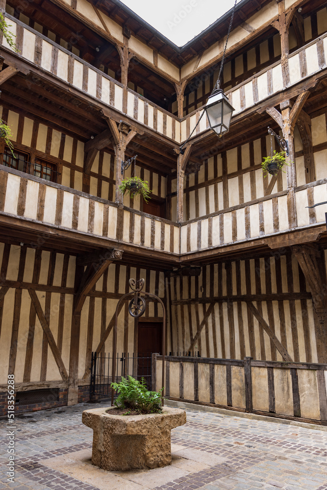 Hotel Mauroy in medieval old town with ancient half-timbered wall from 16th century in Troyes Grand Est region of northeastern France