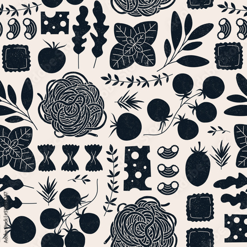 Italian pasta ingredients. Spaghetti and ravioli silhouette background. Food seamless pattern. 