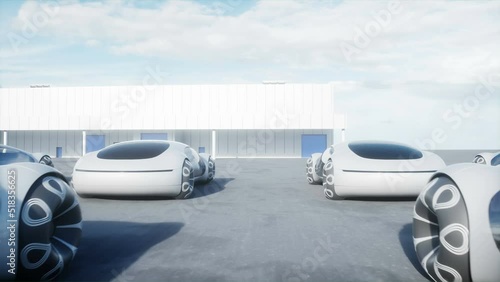 Futuristic electrick cars on warehouse parking. Logistic center. Green energy concept. Realistic 4k animation. photo