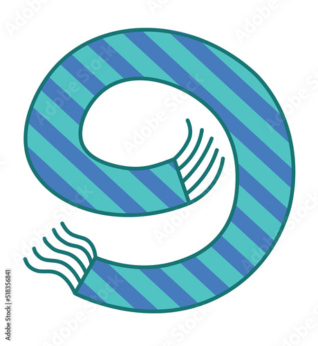 Vector cartoon drawing of flying blue scarf with striped pattern. Fun graphic print illustration for Christmas, New Year, birthday, celebration.