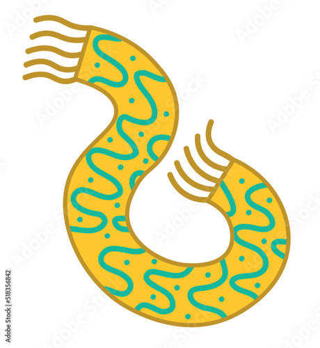 
Vector cartoon drawing of flying yellow scarf with blue wavy pattern. Fun graphic print illustration for Christmas, New Year, birthday, celebration.