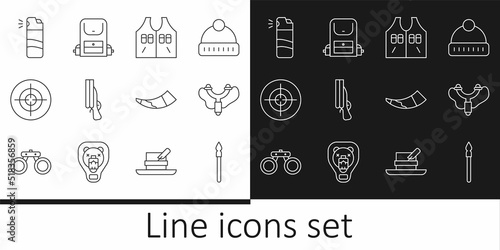 Set line Medieval spear, Slingshot, Hunting jacket, Shotgun, Target sport, Pepper spray, horn and Hiking backpack icon. Vector