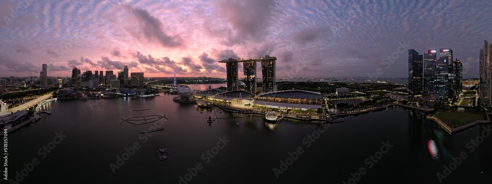 Marina Bay, Singapore: Aerial View of The Picturesque Marina Bay Sands Casino and Hotel, The Shoppes, Singapore Flyer and the Art Museum