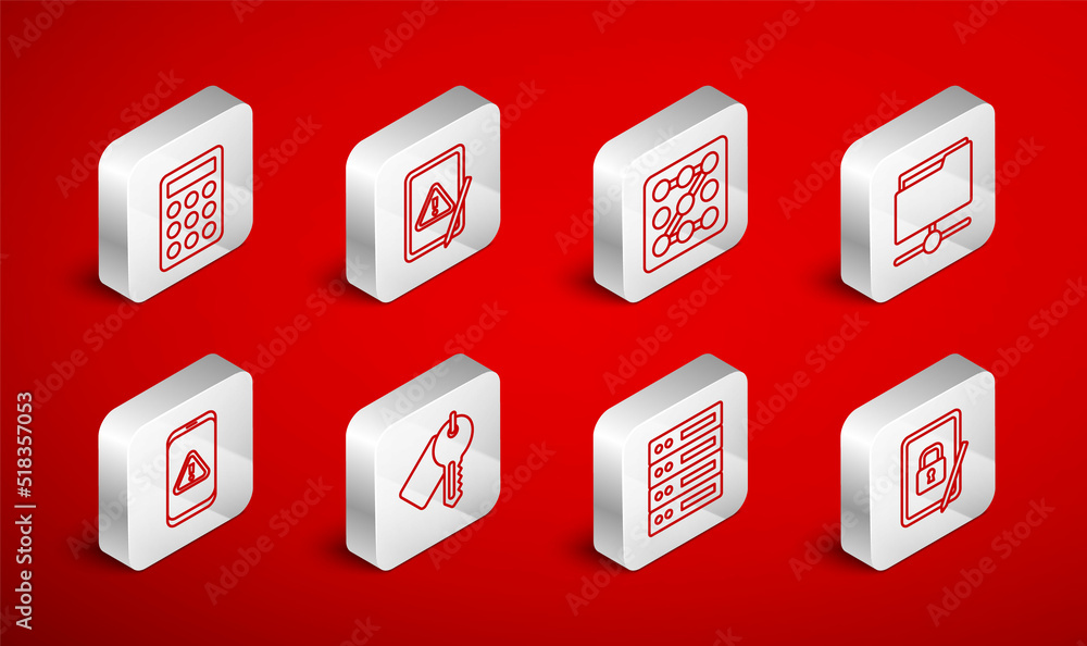 Set line Tablet with closed padlock, exclamation mark, Graphic password protection, FTP folder, Server, Data, Web Hosting, Password, Marked key and Mobile icon. Vector Set line Tablet with closed padlock, exclamation mark, Graphic password protection, FTP folder, Server, Data, Web Hosting, Password, Marked key and Mobile icon. Vector