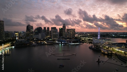 Marina Bay, Singapore: Aerial View of The Picturesque Marina Bay Sands Casino and Hotel, The Shoppes, Singapore Flyer and the Art Museum © Aerial Drone Master